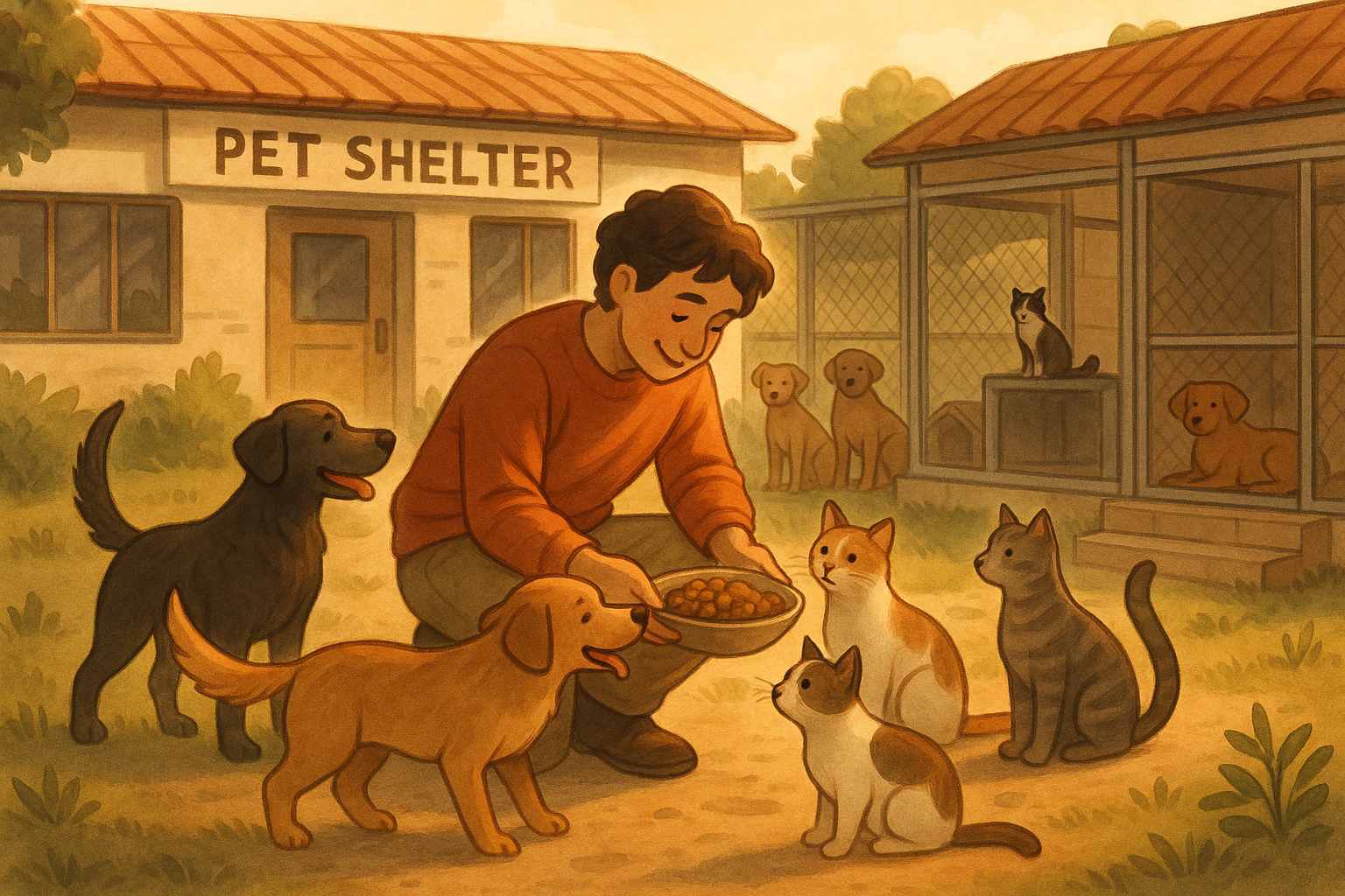 a pet shelter is in the  back ground and a person is giving the animals food as a sign of gesture 
